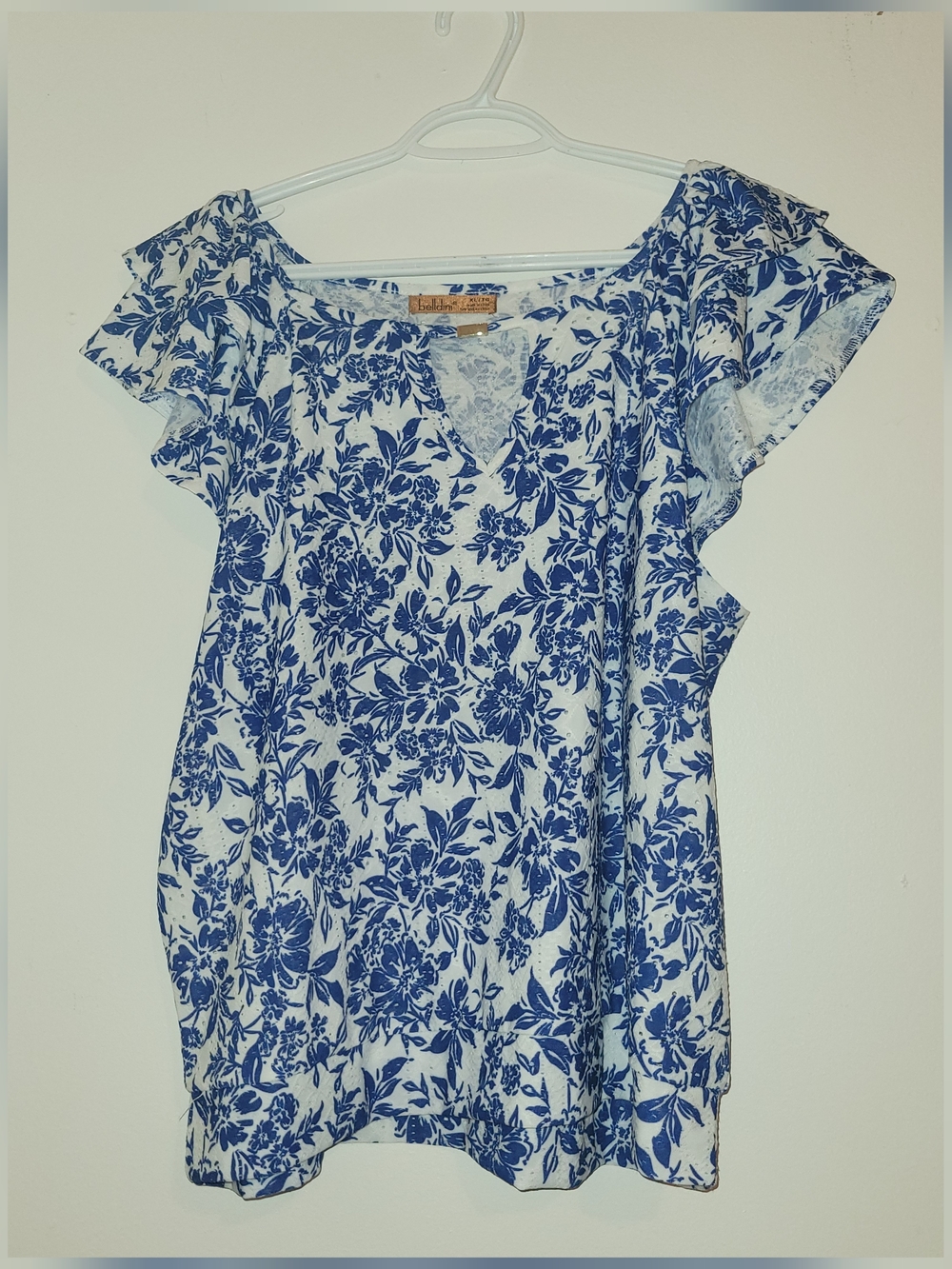 Belldini White Top with Blue Floral Print and Ruffle Sleeves